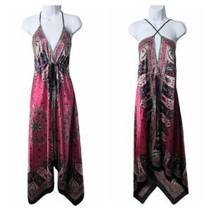 Vintage Y2K Boho Paisley Slip Dress Pink Black Handkerchief Hem Spaghetti Strap